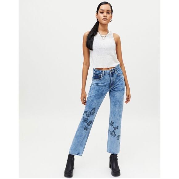 🍒[ X-Girl ] Butterfly Print Acid Wash Straight Leg Jeans - Picture 2 of 15